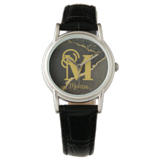 Modern Elegant Zwart en Goud Monogram naam Horloge