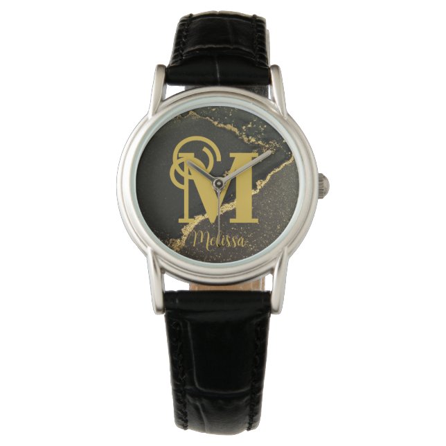 Modern Elegant Zwart en Goud Monogram naam Horloge (Voorkant)