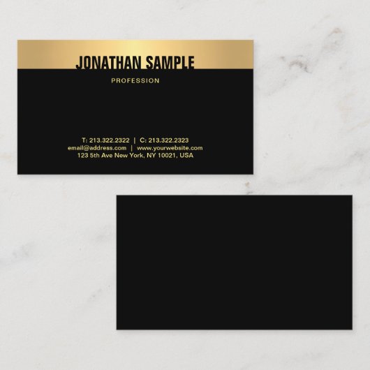 Modern Elegant Zwart en Goud Verfijnd Vlak Visitekaartje (Voorkant / Achterkant)