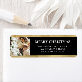 Modern Elegant Zwart & Faux Goud Kerstfoto Etiket
