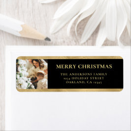 Modern Elegant Zwart & Faux Goud Kerstfoto Etiket