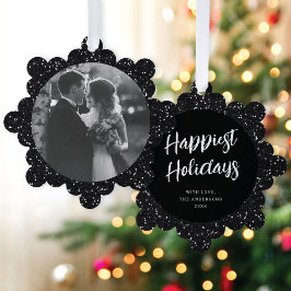 Modern Elegant Zwart Glitter Foto Kerstmis Ornament Kaart