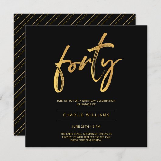 Modern Elegant Zwart Goud 40e Verjaardag Uitnodigi Kaart (Voorkant / Achterkant)