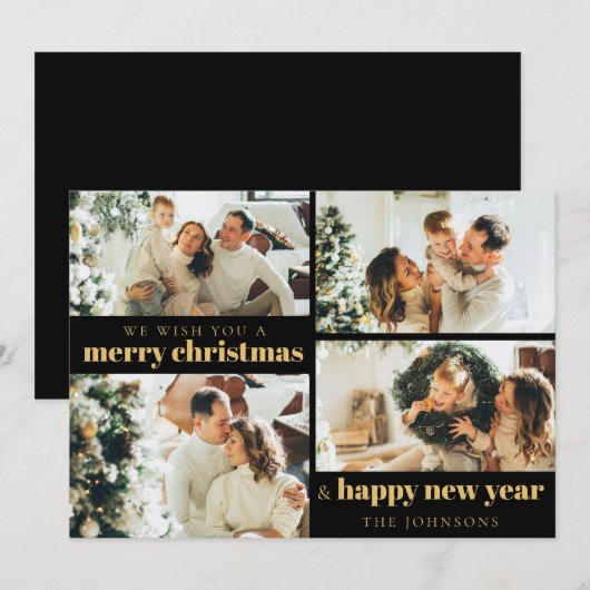 Modern Elegant Zwart Goud 4 Foto Kerstmis Feestdagenkaart (Voorkant / Achterkant)