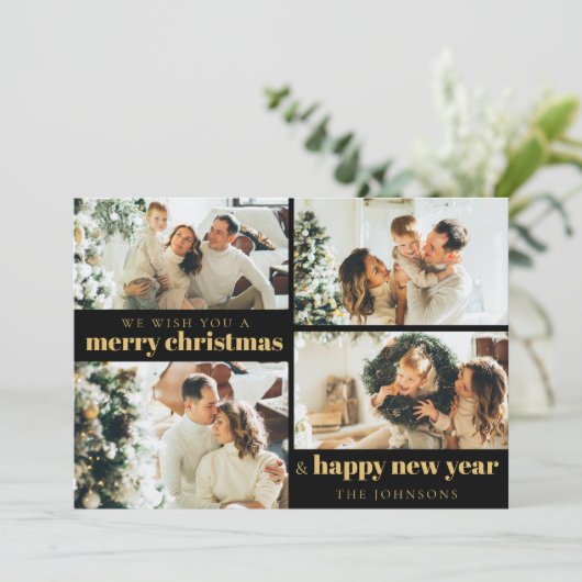 Modern Elegant Zwart Goud 4 Foto Kerstmis Feestdagenkaart (Staand voorkant)