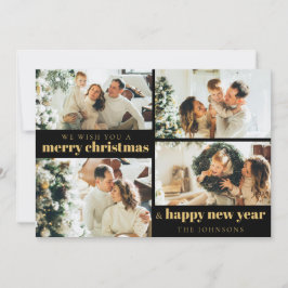 Modern Elegant Zwart Goud 4 Foto Kerstmis Feestdagenkaart
