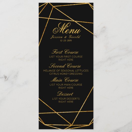 Modern Elegant Zwart & Goud Bruiloft Menu (Voorkant)
