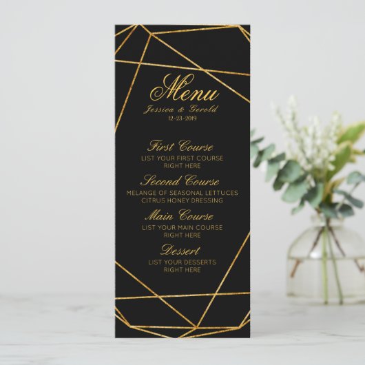 Modern Elegant Zwart & Goud Bruiloft Menu (Staand voorkant)