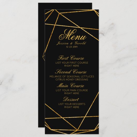 Modern Elegant Zwart & Goud Bruiloft Menu (Voorkant / Achterkant)
