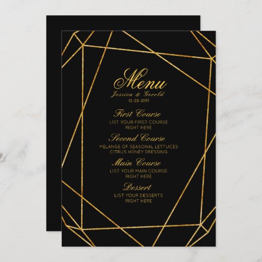 Modern Elegant Zwart & Goud Bruiloft Menu (Voorkant / Achterkant)