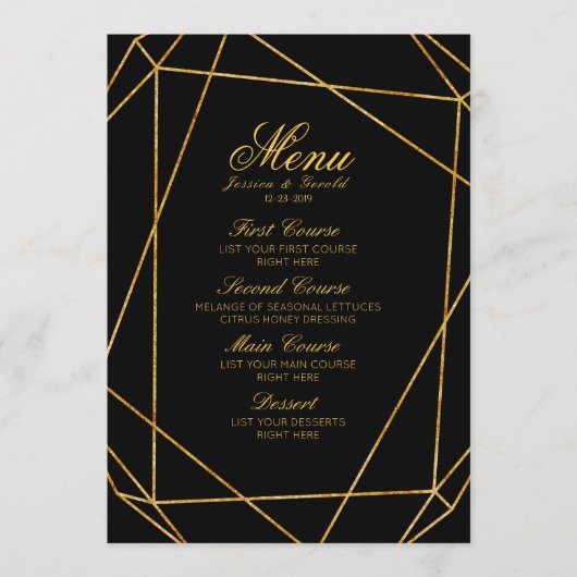 Modern Elegant Zwart & Goud Bruiloft Menu (Voorkant)