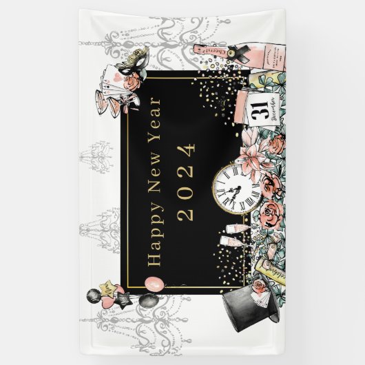 Modern Elegant Zwart Goud Gelukkig Nieuwjaar Party Spandoek (Verticaal)