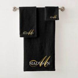 Modern Elegant Zwart Goud Monogram Script Initiaal Bad Handdoek