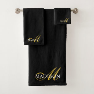 Modern Elegant Zwart Goud Monogram Script Initiaal Bad Handdoek