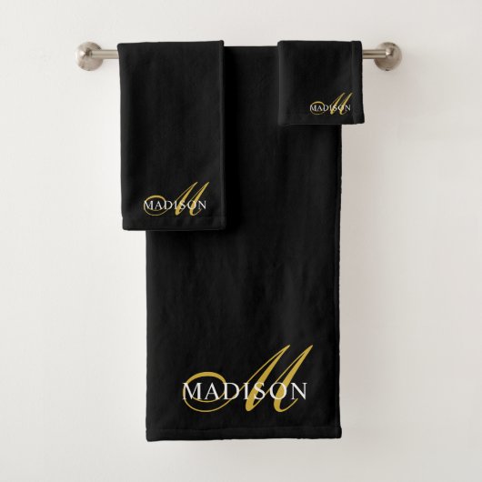 Modern Elegant Zwart Goud Monogram Script Initiaal Bad Handdoek (Insitu)