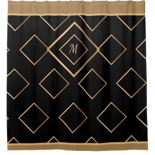 Modern Elegant Zwart Goud Monogram Stijlvol Douchegordijn (Voorkant)