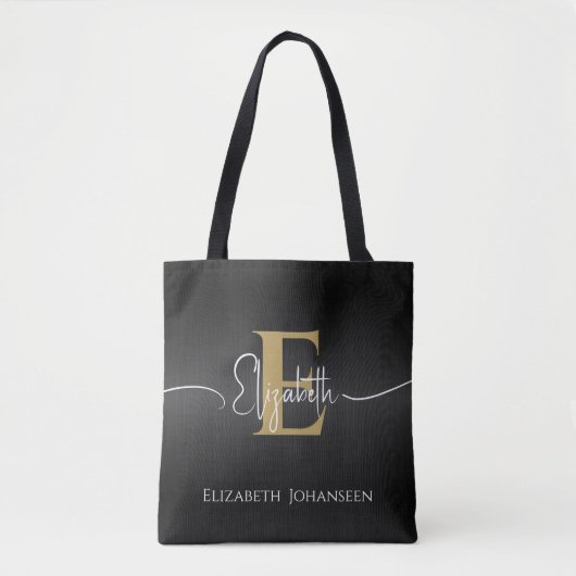 Modern Elegant Zwart Goud Monogrammed Script Naam Tote Bag (Voorkant)
