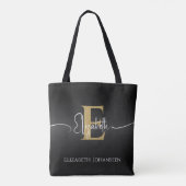 Modern Elegant Zwart Goud Monogrammed Script Naam Tote Bag (Achterkant)