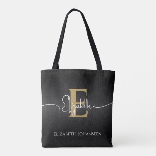 Modern Elegant Zwart Goud Monogrammed Script Naam Tote Bag (Achterkant)