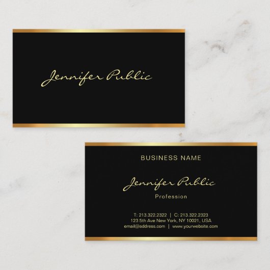 Modern Elegant Zwart Goud Professioneel Handschrif Visitekaartje (Voorkant / Achterkant)