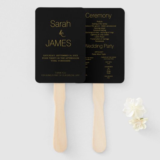 Modern Elegant Zwart Goud Script Huwelijksprogramm Handwaaier (Voorkant en achterkant)
