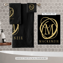 Modern Elegant Zwart Goud Stijlvol Monogram Bad Handdoek