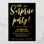 Modern Elegant Zwart & Goud Verrassing Verjaardag Folie Uitnodiging (Voorkant)