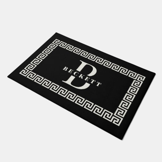 Modern Elegant Zwart Grieks Sleutel Lijst Monogram Deurmat (Schuin)