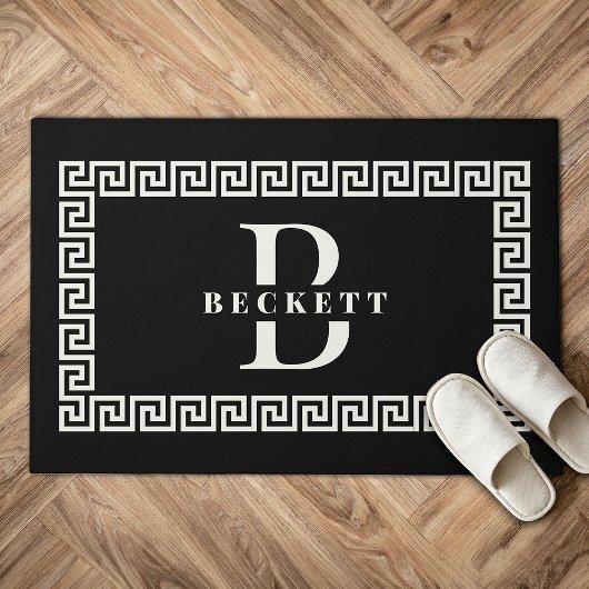 Modern Elegant Zwart Grieks Sleutel Lijst Monogram Deurmat