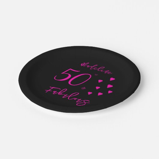 Modern Elegant Zwart Heet Roze Harten 50ste Verjaa Papieren Bordje (Gekanteld)