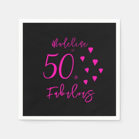 Modern Elegant Zwart Heet Roze Harten 50ste Verjaa Servet (Voorkant)