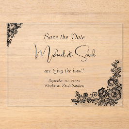 Modern Elegant Zwart Kant Save the Date Kaart Acryl Uitnodigingen