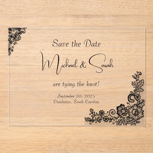 Modern Elegant Zwart Kant Save the Date Kaart Acryl Uitnodigingen (Voorkant)