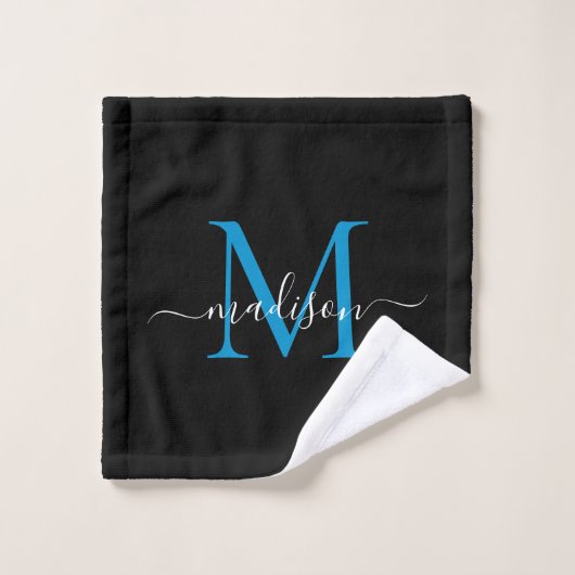 Modern Elegant Zwart Oceaan Blauw Monogram Script Washandje (Wasdoekje)