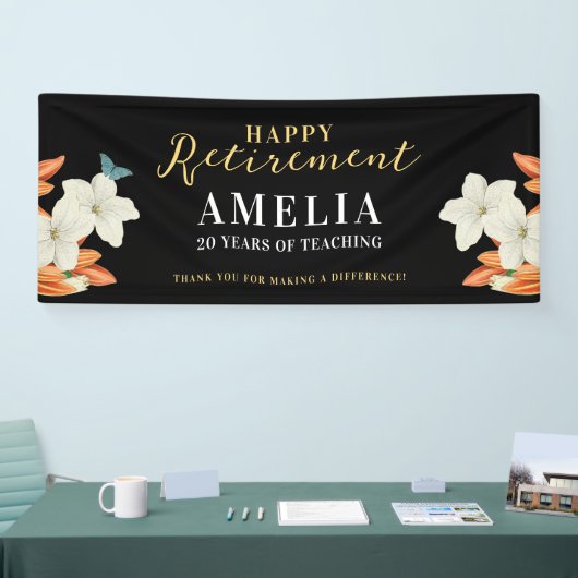Modern Elegant Zwart Pensioen Bloemen Goud Script Spandoek (Beurs)