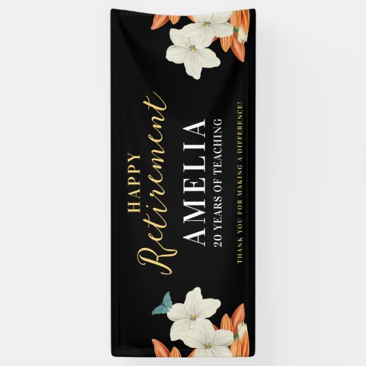 Modern Elegant Zwart Pensioen Bloemen Goud Script Spandoek (Verticaal)
