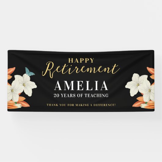 Modern Elegant Zwart Pensioen Bloemen Goud Script Spandoek (Horizontaal)