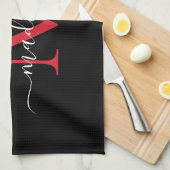 Modern Elegant Zwart Rood Bourgogne Monogram Scrip Theedoek (Quarter Fold)