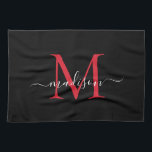 Modern Elegant Zwart Rood Bourgogne Monogram Scrip Theedoek<br><div class="desc">Moderne Elegante Zwarte Bourgogne Maroon Red Monogram Script Naam Keuken Handdoek</div>