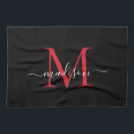 Modern Elegant Zwart Rood Bourgogne Monogram Scrip Theedoek<br><div class="desc">Moderne Elegante Zwarte Bourgogne Maroon Red Monogram Script Naam Keuken Handdoek</div>