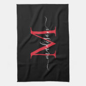 Modern Elegant Zwart Rood Bourgogne Monogram Scrip Theedoek (Verticaal)