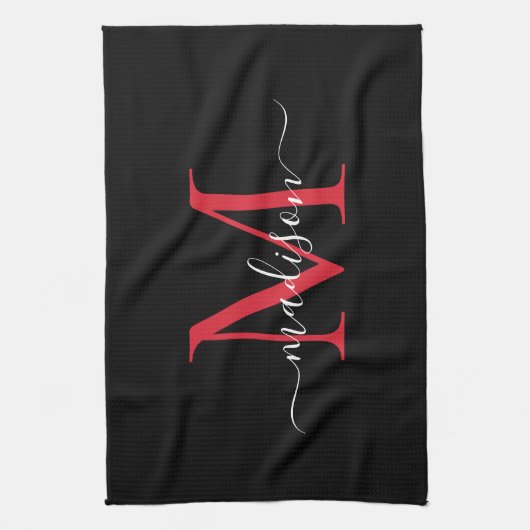 Modern Elegant Zwart Rood Bourgogne Monogram Scrip Theedoek (Verticaal)