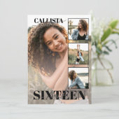 Modern Elegant Zwart Roze Vier Foto Zoet 16 Kaart (Staand voorkant)