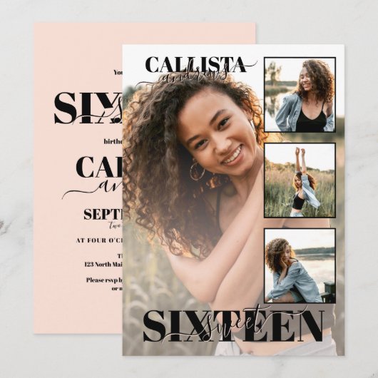 Modern Elegant Zwart Roze Vier Foto Zoet 16 Kaart (Voorkant / Achterkant)