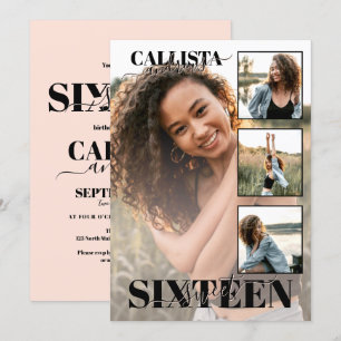 Modern Elegant Zwart Roze Vier Foto Zoet 16 Kaart