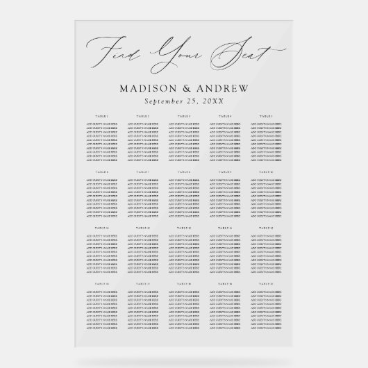 Modern Elegant Zwart Script 20 Tafelzitgrafiek Acryl Bord (Voorkant)