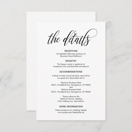 Modern elegant, zwart script, onze huwelijksgegeve informatiekaartje (Voorkant / Achterkant)