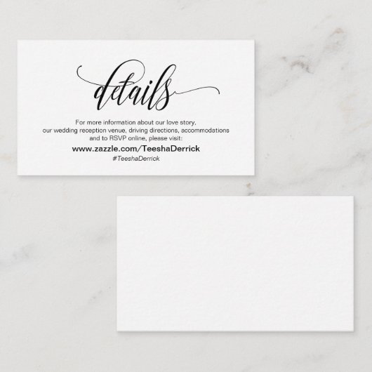 Modern elegant, zwart script, onze huwelijksgegeve informatiekaartje (Voorkant / Achterkant)