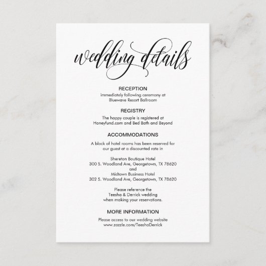 Modern elegant, zwart script, onze trouwdetails informatiekaartje (Voorkant)