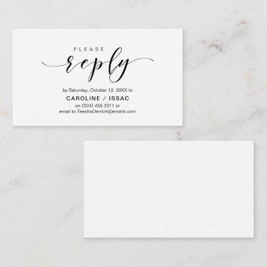 Modern elegant, zwart script, RSVP reageren Informatiekaartje (Voorkant / Achterkant)